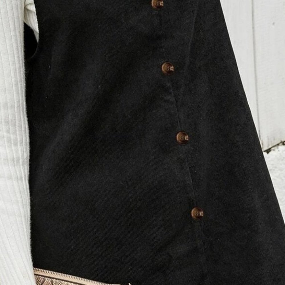 black corduroy solid button front overall dress fall winter chic casual trending - Picture 5 of 6